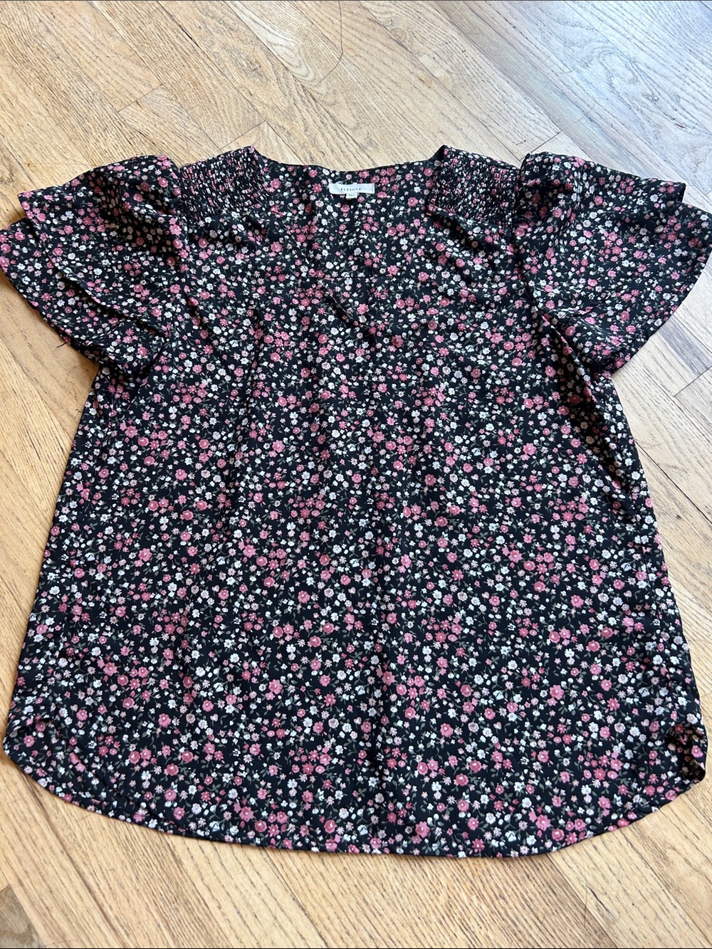 🌸3 FOR $20🌸 
 Pleione Black Floral Ruffle Sleeve Blouse with Pink & White Print - Picture 7 of 10